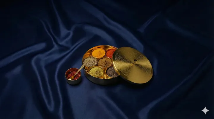 Brass Spice Box - 7 Containers (Traditional Masala Dabba) - Viviana London Brass Spice Box - 7 Containers (Traditional Masala Dabba) - handcrafted Brass bestseller from the Viviana London artisan collection